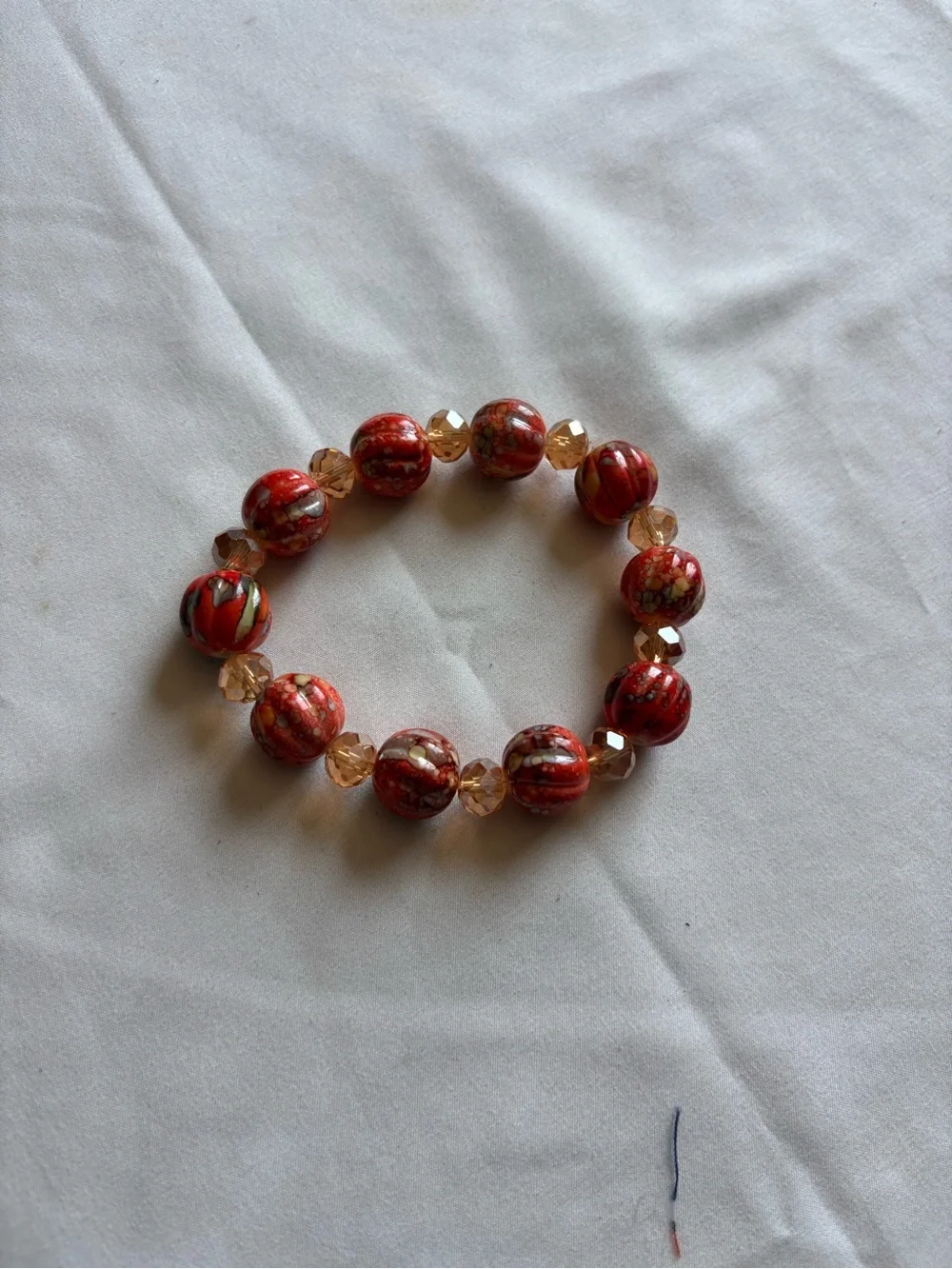 Red Beaded Stretch Bracelet with Faceted Accent Beads